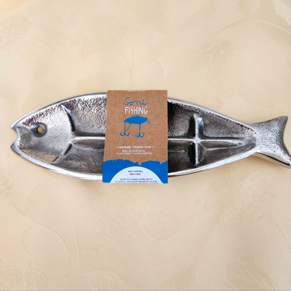 West Elm Gone Fishing Silver Catchall Tray NWT